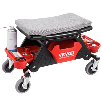 VEVOR Taburete de Taller Móvil 640 x 335 x 390 mm, Carga 136 kg Taburete de Mecánico con 2 Ruedas Asiento con Cerradura 450 x 250 mm con Bandejas de Herramientas para Mantenimiento, Reparación