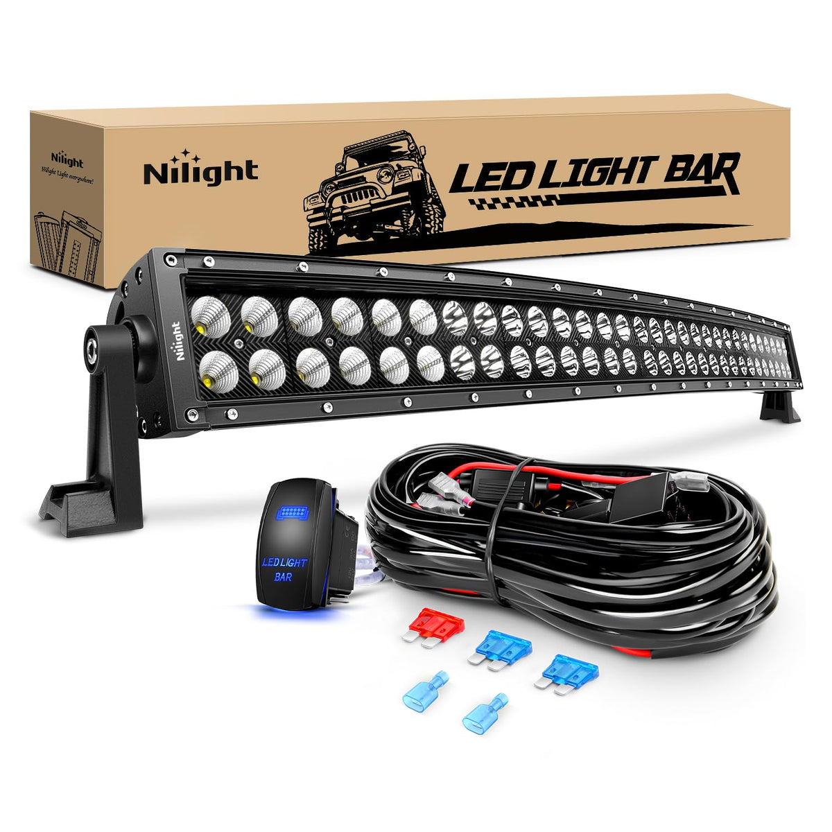 Nilight ZH410 Barra Luz LED Curvada 32" 180W Combo Luces Conducción Todoterreno + Kit Arnés Cableado 16 AWG Negro 2 Años Garantía