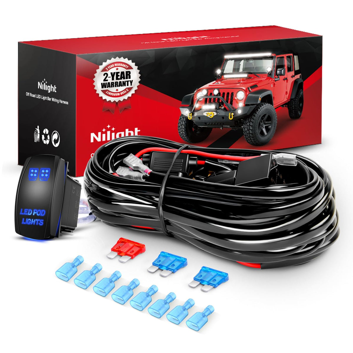 Nilight Kit de Cableado de Luces LED 16 AWG 4 Cables | Interruptor de 5 Pines, Resistente al Agua, para Coches, Jeep, Barcos, ATV, Camiones