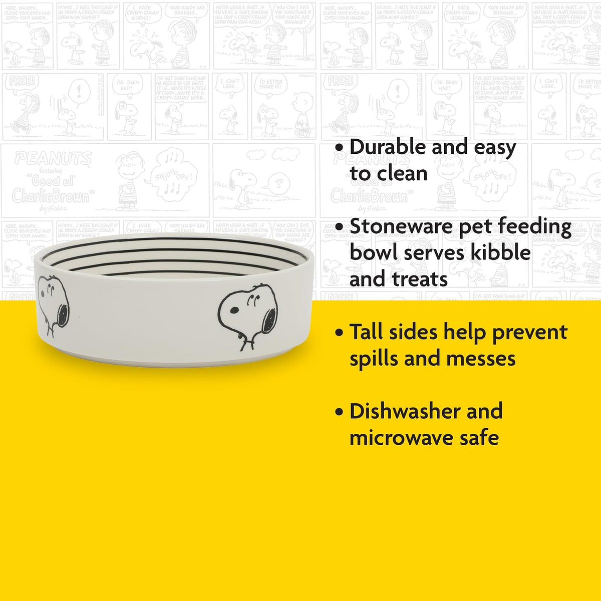 Peanuts Snoopy - tazón para perros con diseño de hueso, tazón de agua o comida de gres de 6.5 pulgadas para perros pequeños a medianos, bonito plato de dibujos animados para mascotas, duradero y fácil