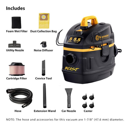 Vacmaster Aspiradora Industrial Profesional Beast 19L 5.5HP - para Líquidos y Sólidos 120V - VFB511H 0201