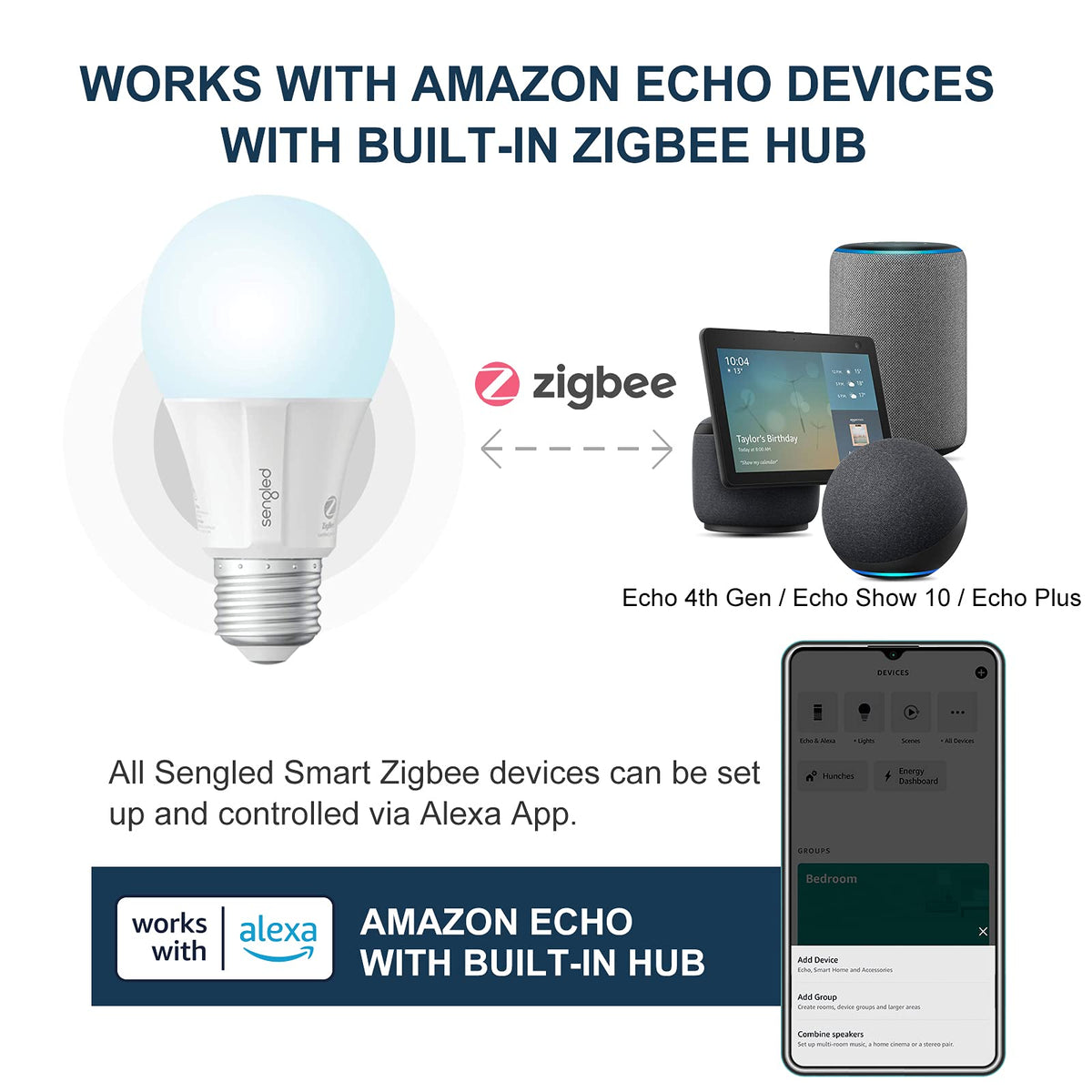 Sengled E11-G14W Smart LED Daylight - Bombilla A19 con Casquillo E26, Hub Requerido, 5000K 60W equivalente, funciona con Alexa, Google Assistant y SmartThings, Paquete de 4
