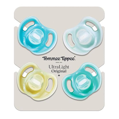 Tommee Tippee Chupón Ultra-Light, 6-18 Meses, Silicona, Paquete de 4 | Diseño Simétrico de Una Pieza, Chupón Libre de BPA, Azul/Verde/Amarillo