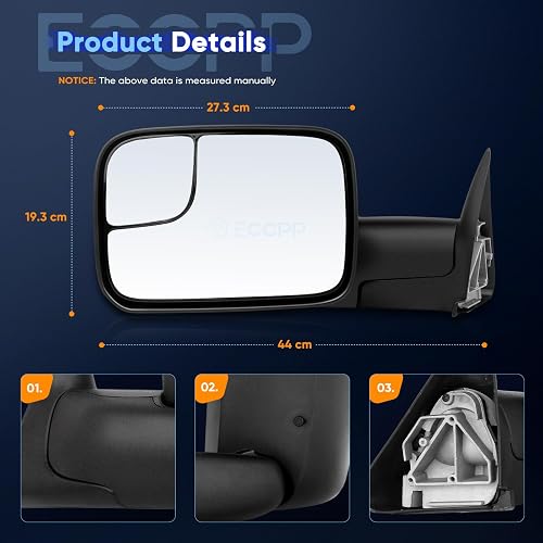 ECCPP Juego de Espejos Retrovisores Laterales Ajustables Manuales Negro para Dodge Ram 1500 94-02