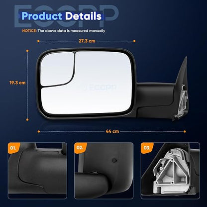 ECCPP Juego de Espejos Retrovisores Laterales Ajustables Manuales Negro para Dodge Ram 1500 94-02