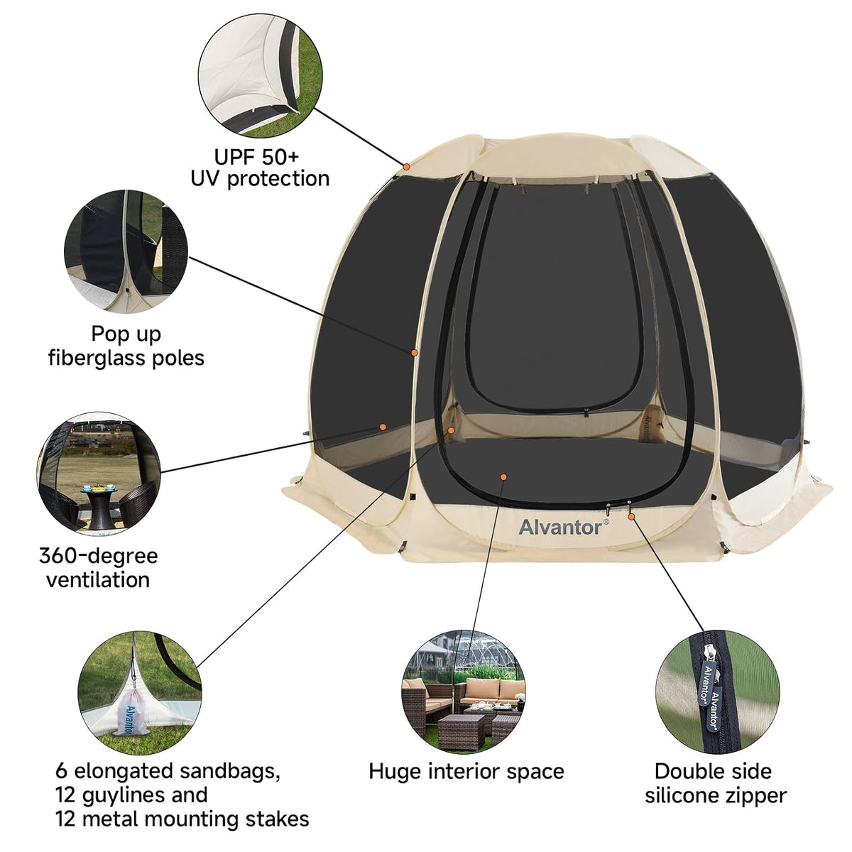 Alvantor Screen House Gazebo, Tienda de campaña para 6-10-15 Personas con mosquiteros, Refugio Solar instantáneo Resistente a los Rayos UV para jardín, Patio, Patio Trasero