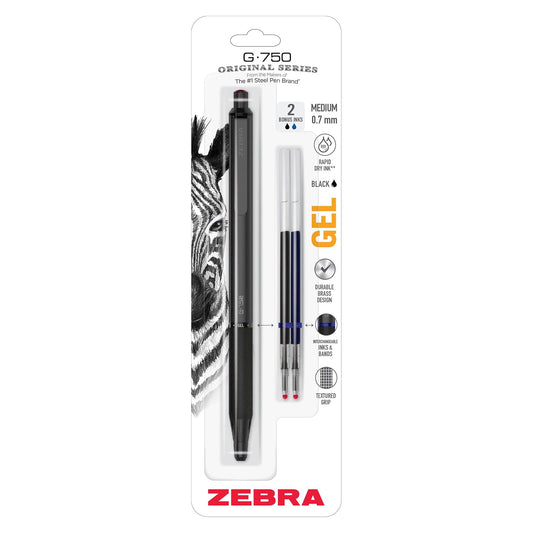 Zebra Pen G-750 - Bolígrafo de gel retráctil, barril de latón negro, punta media, tinta negra, 1 paquete más 1 recambio negro y 1 recambio azul, número de modelo: 49811