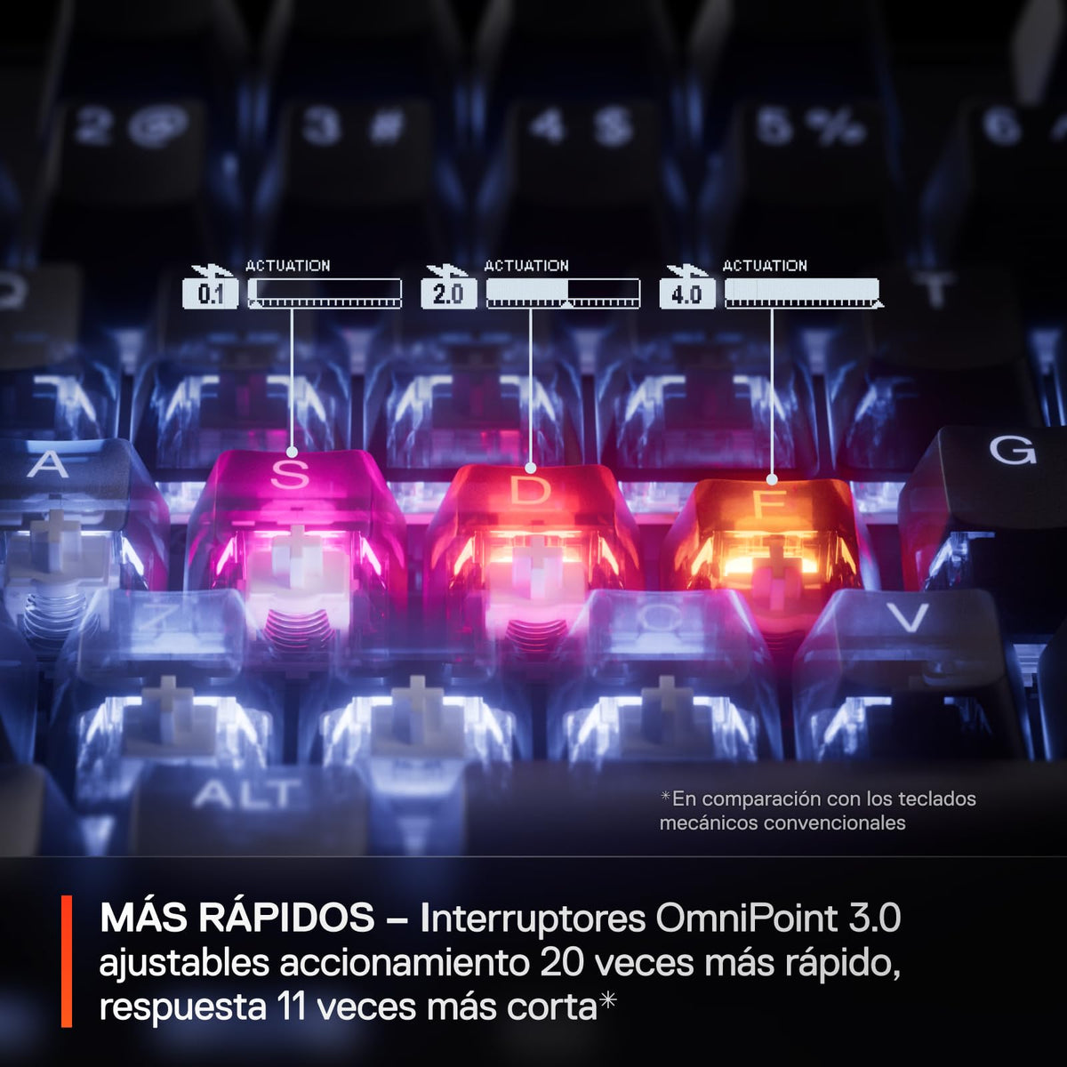 SteelSeries Apex Pro Gen 3 OmniPoint 3.0 Interruptores hipermagnéticos — Actuación Ajustable — Disparador rápido — Presets listos para el Juego — Modo de protección — Tap/SOCD — OLED — RGB — Teclas