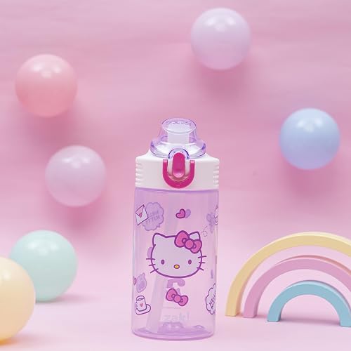 Zak Designs Sanrio Sage - Botella de agua para niños para la escuela o los viajes, botella de agua de plástico duradera de 16 onzas con popote, mango y a prueba de fugas, cubierta de boquilla