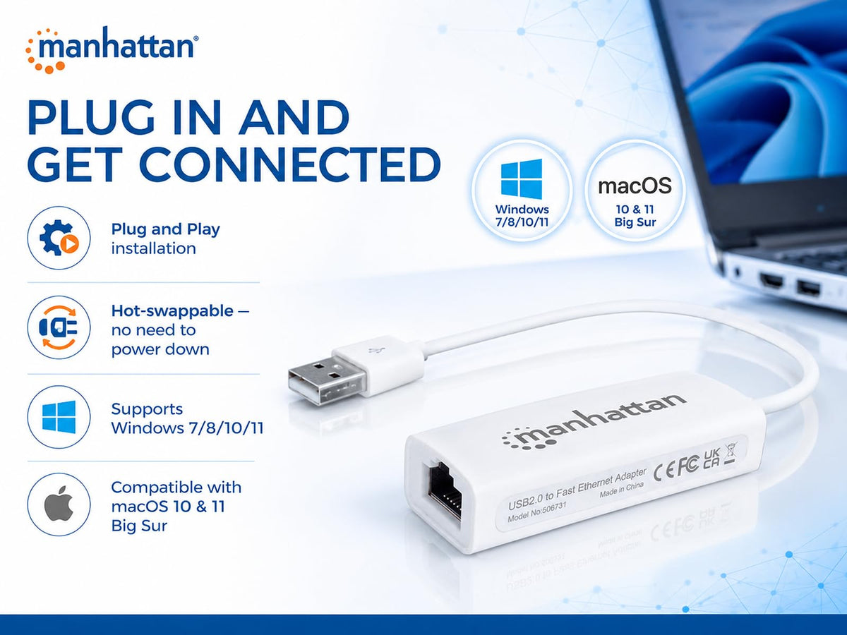 Manhattan Adaptador USB a Ethernet RJ45 10/100 Mbps, Cable Red USB, Instalación Automática, Compatible con Laptop y PC, Bajo Consumo 506731