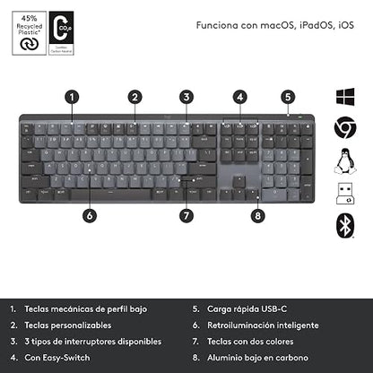 Logitech MX Mechanical Teclado Inalámbrico Iluminado de Desempeño, con Interruptores Táctiles Silenciosos, Teclas Retroiluminadas, Bluetooth, USB-C, macOS, Windows, Linux, iOS, Android, Metal