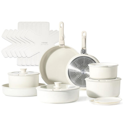 CAROTE – Batería de Cocina 21 Piezas Desmontable, Ollas y Sartenes Antiadherentes, Mango Extraíble, Blanco Crema, Compatible con Inducción, Gas y Horno