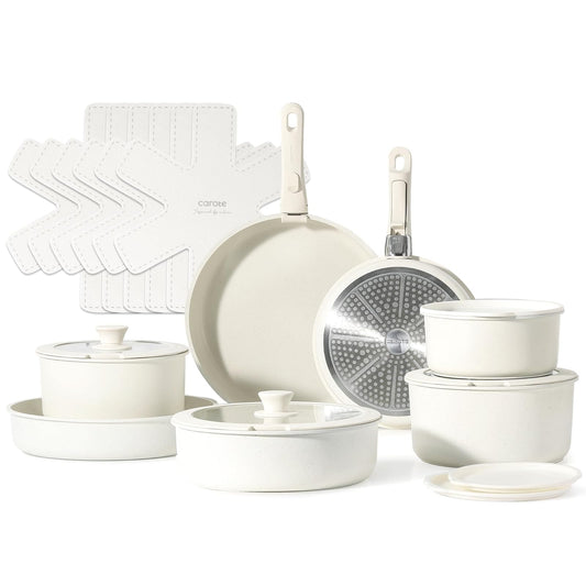 CAROTE – Batería de Cocina 21 Piezas Desmontable, Ollas y Sartenes Antiadherentes, Mango Extraíble, Blanco Crema, Compatible con Inducción, Gas y Horno