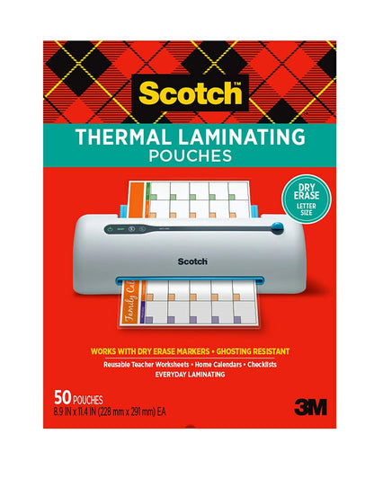 Scotch - Bolsas de laminación térmica de borrado en seco, paquete de 50, funciona con marcadores de borrado en seco, hojas de trabajo reutilizables, calendarios, listas de verificación, 8.9 x 11.4