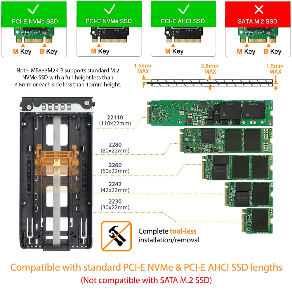 Icy Dock MB833M2K-B PCIe NVMe - Estante móvil para bahía Externa de 3,5" (1 x M.2 PCIe NVMe SSD