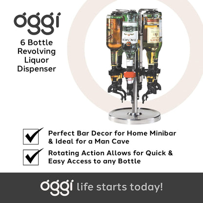 OGGI - Dispensador de licor giratorio profesional de 6 botellas, acero inoxidable