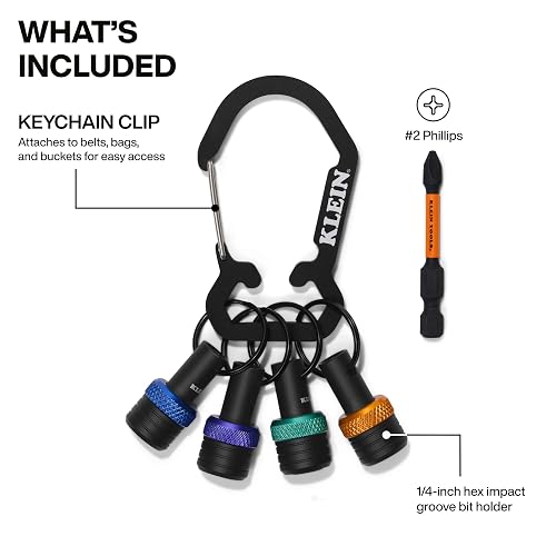 KLEIN TOOLS K33850 | Llavero Portapuntas | Brocas Hexagonales 1/4 | Colores | Organiza tus brocas hexagonales de 1/4 pulgadas en un llavero con mosquetón y bandas de color para identificarlas rápido.