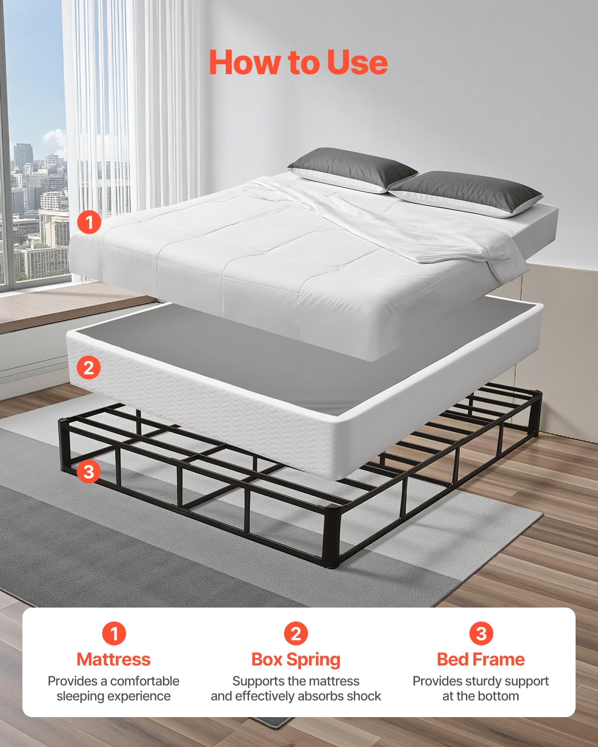 VEVOR - Somier de cama tamaño Queen con tela lavable, marco de metal resistente para cama Queen, base de colchón de 9 pulgadas, capacidad máxima de peso de 3500 libras, fácil montaje, 79.1 pulgadas de