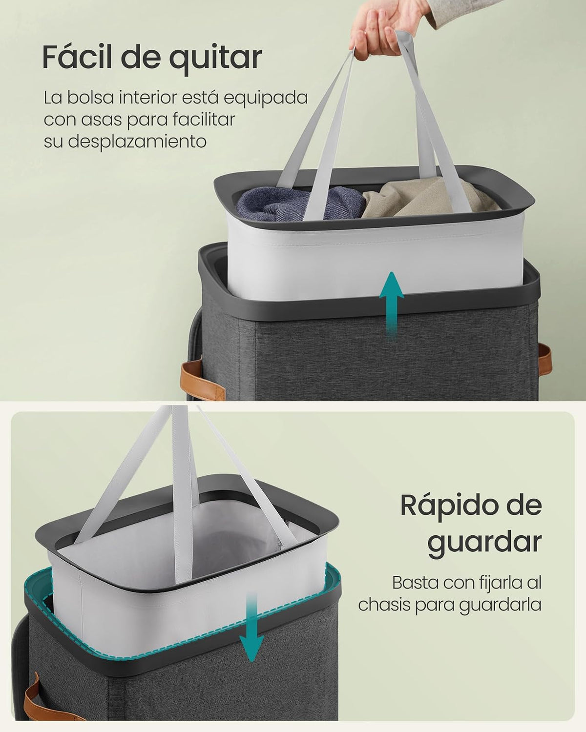SONGMICS Cesto para la Ropa Sucia de 100 L, Bolsa de Basura, Bolsa Extraíble, Fácil Montaje, con Asas, 42 x 32 x 75 cm Negro Tinta MLCB811BH01