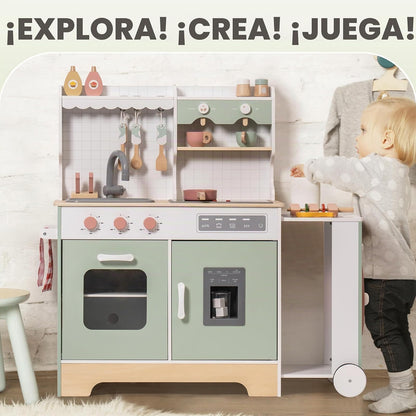 ROBUD Juego de Cocina de Madera para niños pequeños, Juego de Cocina con Parrilla para Barbacoa, máquina de Hielo, máquina de café y Accesorios, Regalo de Cocina de Juguete con Luces y Sonidos para