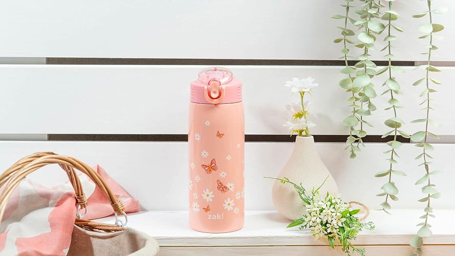 Zak Designs - Botella de agua para viajes y en casa, 19 onzas aislada al aspiradora de acero inoxidable con tapa de boquilla de bloqueo, bucle de transporte integrado, diseño a prueba de fugas