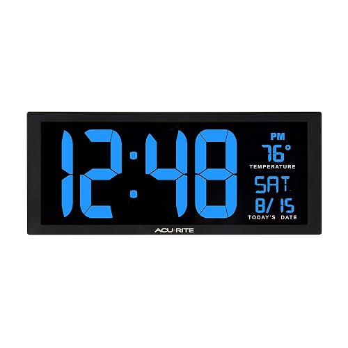 AcuRite 75127 Oversized Reloj LED con Temperatura Interior, Fecha y Soporte Plegable, 36,8 cm, Azul