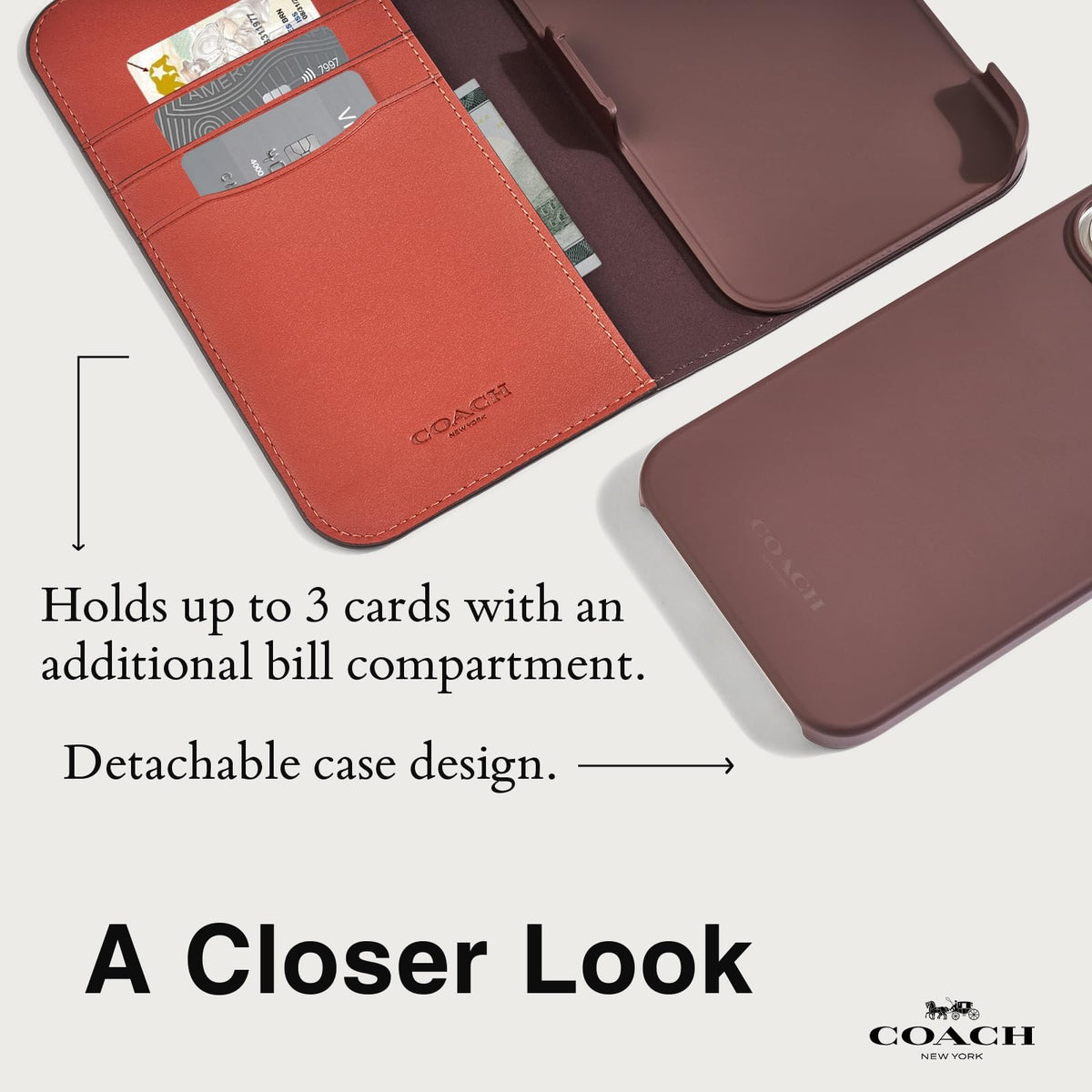 Coach Signature - Funda de Lona Desmontable de Dos Piezas para iPhone 15 Pro MAX, Compatible con Carga inalámbrica, Color café