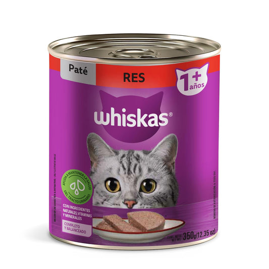 Whiskas Alimento para Gato Adulto en Lata, Sabor Res, Paquete de 24 Piezas, 350g c/u