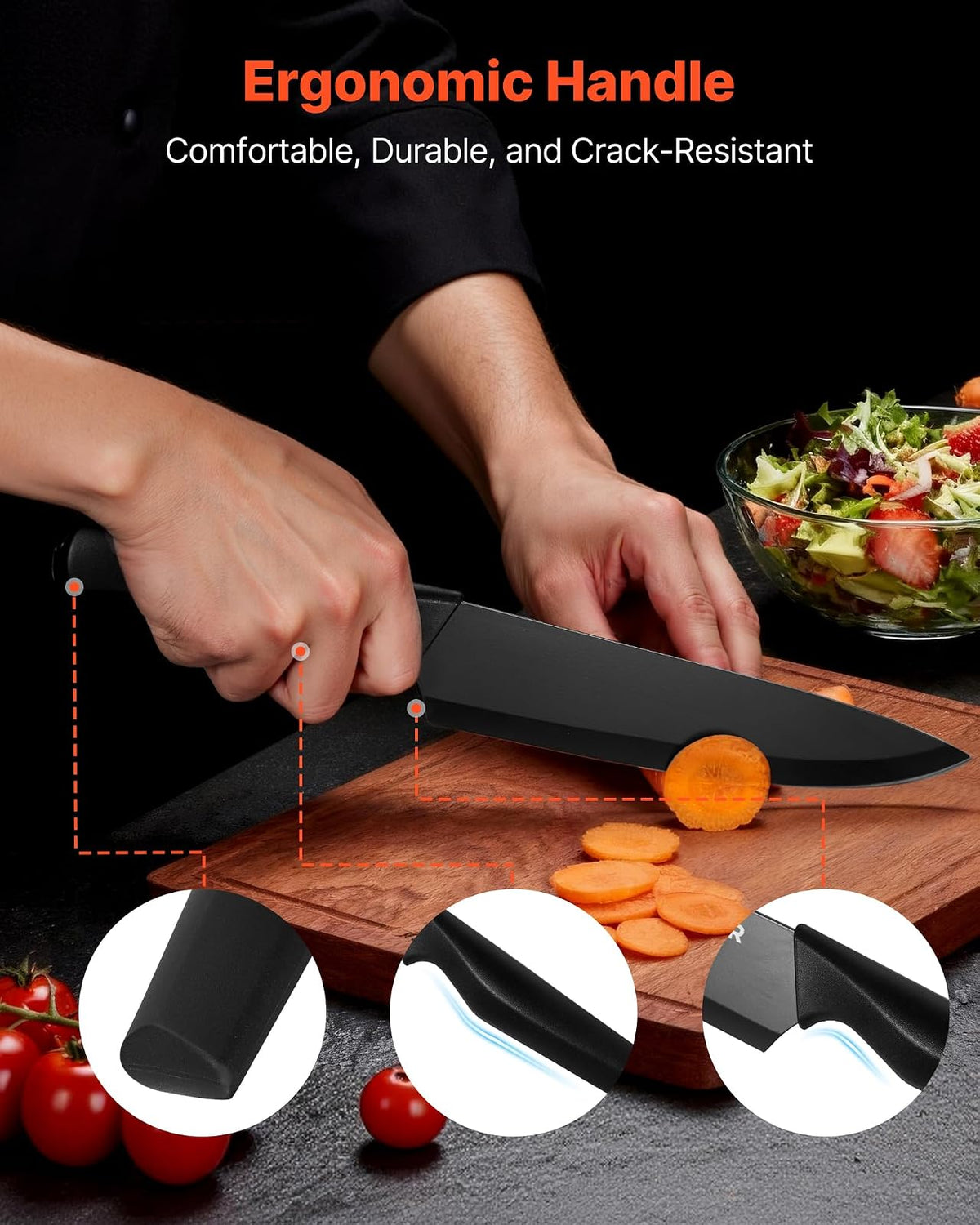 VEVOR Juego de Cuchillos de Cocina con Bloque de Madera y Afilador, con Cuchillos Afilados de Acero Inoxidable de Alto Carbono, con Mango Ergonómico de PP, Hoja 5CR15MOV, 15 Piezas, Color Negro