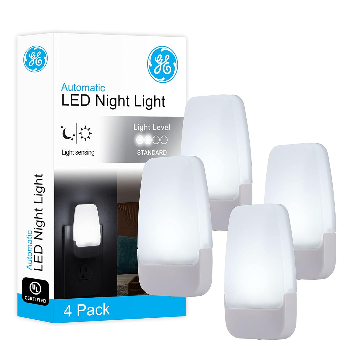 GE 55992, luz LED nocturna, enchufable, sensor de atardecer a amanecer, blanco frío, iluminación ambiental, ideal para niños y adultos, recámara, baño, guardería, cocina, pasillo, 4 unidades