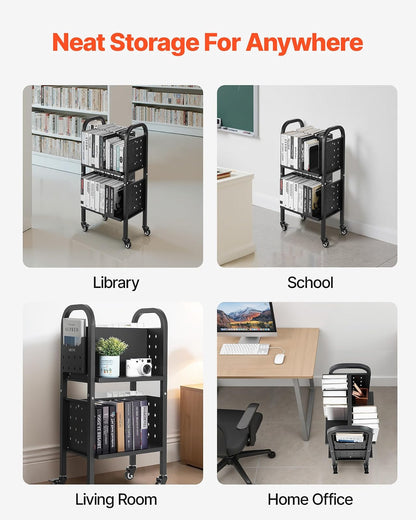 VEVOR Carro para Libros de 2 Niveles Estantería de Libros con Ruedas 45 x 33 x 88 cm Estante de Almacenamiento en Forma de L Doble Caro Carro Rodante para , Oficina, Escuela, Negro