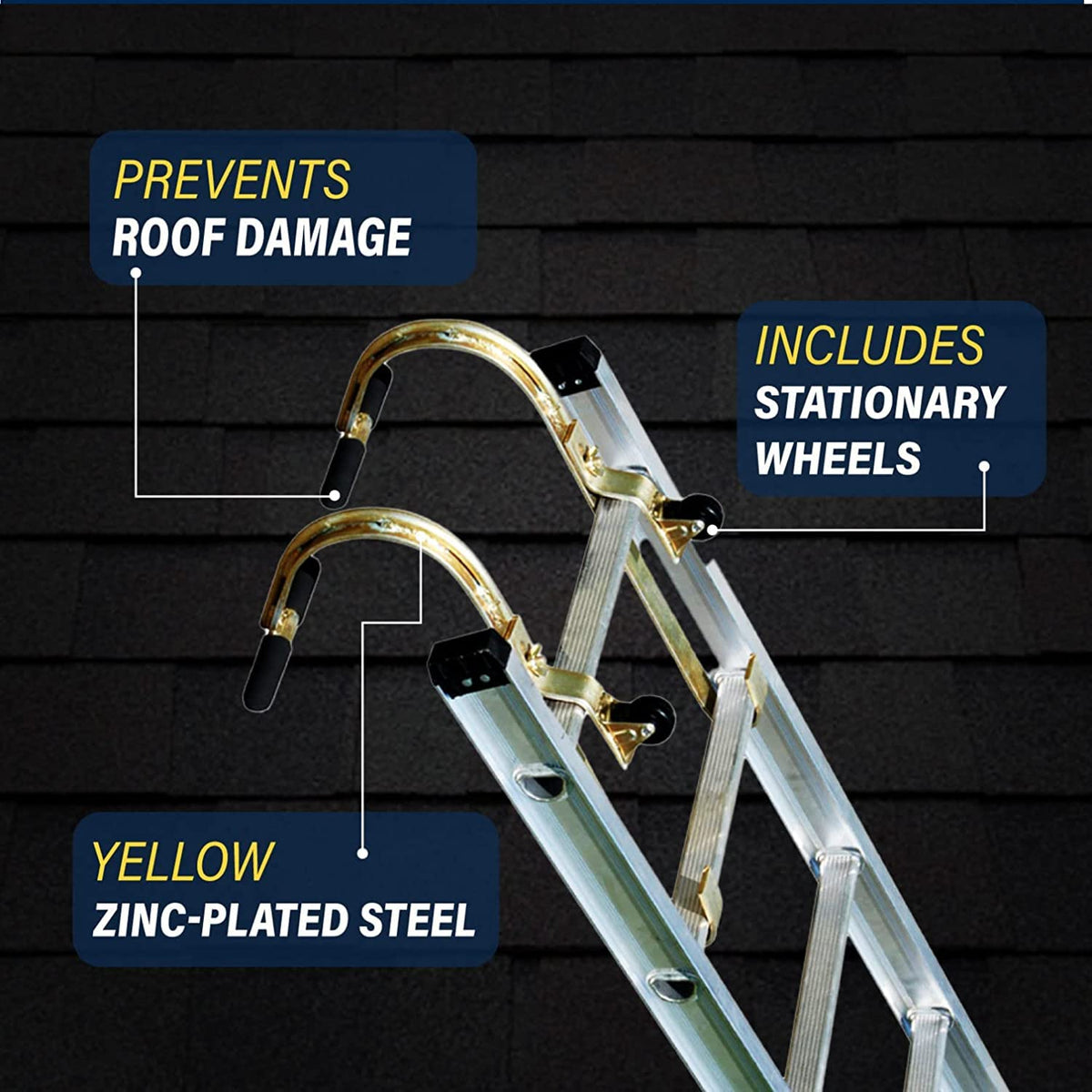 Paquete de 2 ganchos de techo de escalera de acero galvanizado resistente con rueda, agarre de goma en T para prevención de daños, instalación rápida y fácil para acceder a techos empinados