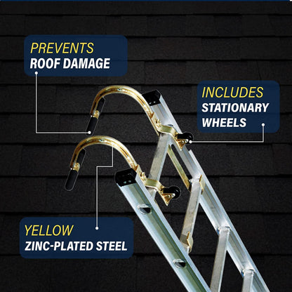 Paquete de 2 ganchos de techo de escalera de acero galvanizado resistente con rueda, agarre de goma en T para prevención de daños, instalación rápida y fácil para acceder a techos empinados