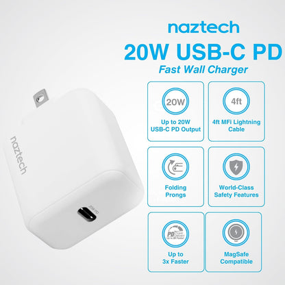 Naztech Cargador de Pared USB-C PD de 20 W + USB-C a [Certificado MFI] Cable de Carga Lightning de 4 pies Compatible con iPhone 14/13/12/Pro/Pro MAX y más (Blanco) 15396