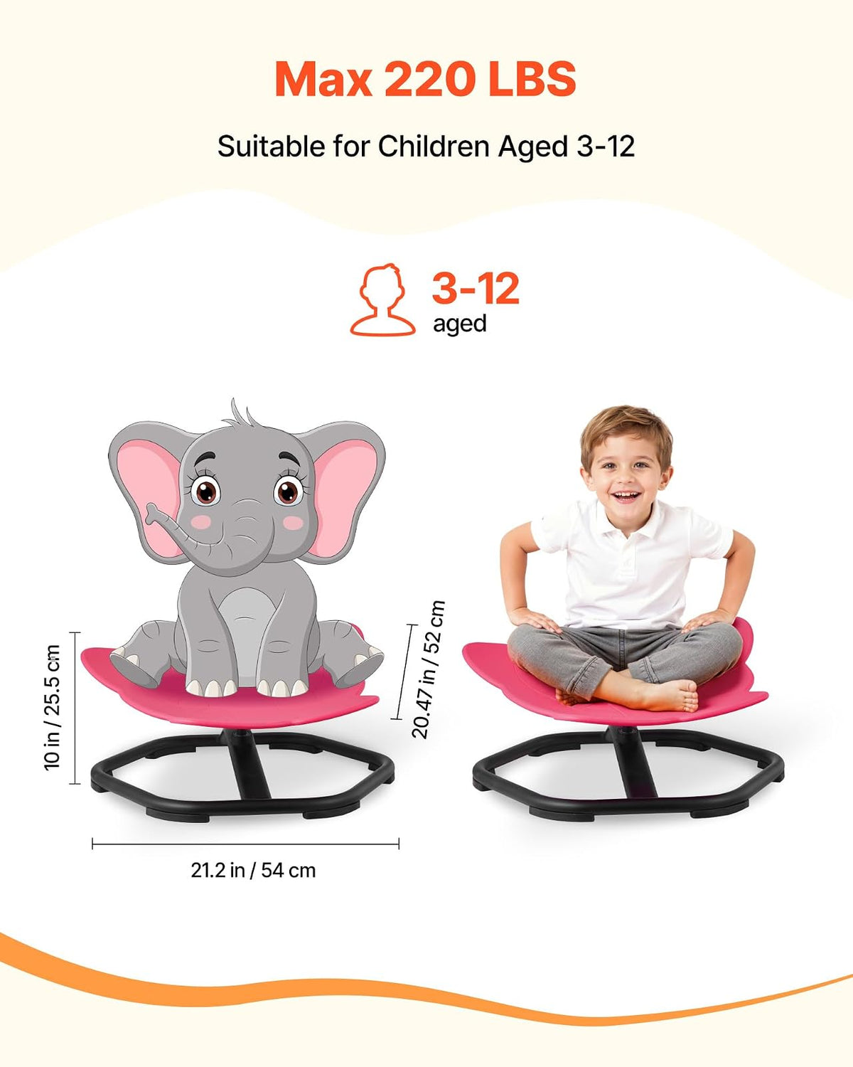 VEVOR Silla Giratoria Infantil Sensorial, Forma de Elefante, hasta 100 kg, con Base Metálica Antideslizante, Favorece la Coordinación, el Equilibrio y la Concentración, Roja, 54 x 54 x 25,5 cm