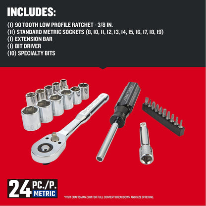 CRAFTSMAN - Juego de herramientas mecánicas, 24 piezas, unidad métrica de 3/8 pulgadas (CMMT12111)