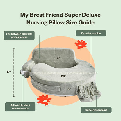 My Brest Friend Super Deluxe Almohada de lactancia - Platino | Almohada ergonómica para lactancia materna para el máximo apoyo ajustable para mamá y bebé, respaldo mejorado con práctico