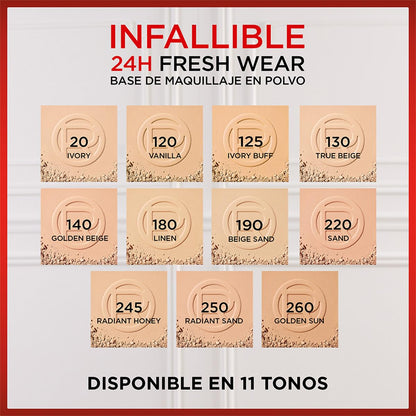 L'Oréal Paris Infallible 24h Freshwear Base de Maquillaje en Polvo de Larga Duración y Alta Cobertura, Tono 140 Golden Beige, 9g