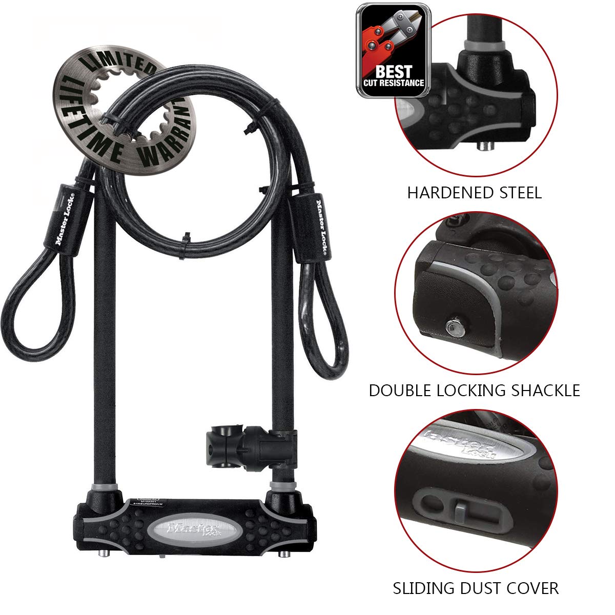 Master Lock Bloqueo en U Resistente con Cable de Extremo para Exteriores