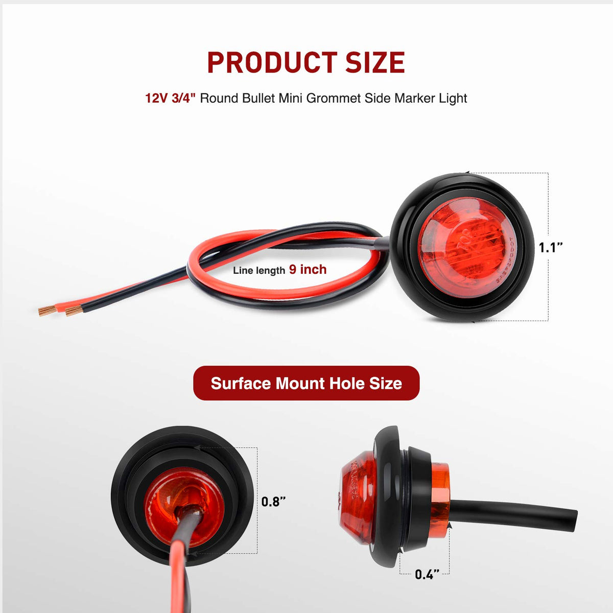 Nilight TL-04-10 Luces LED Redondas 3/4" Intermitentes Delanteros/Traseros 12V Rojo 10 Piezas para Camiones Autobuses Remolques Furgonetas Caravanas Barcos