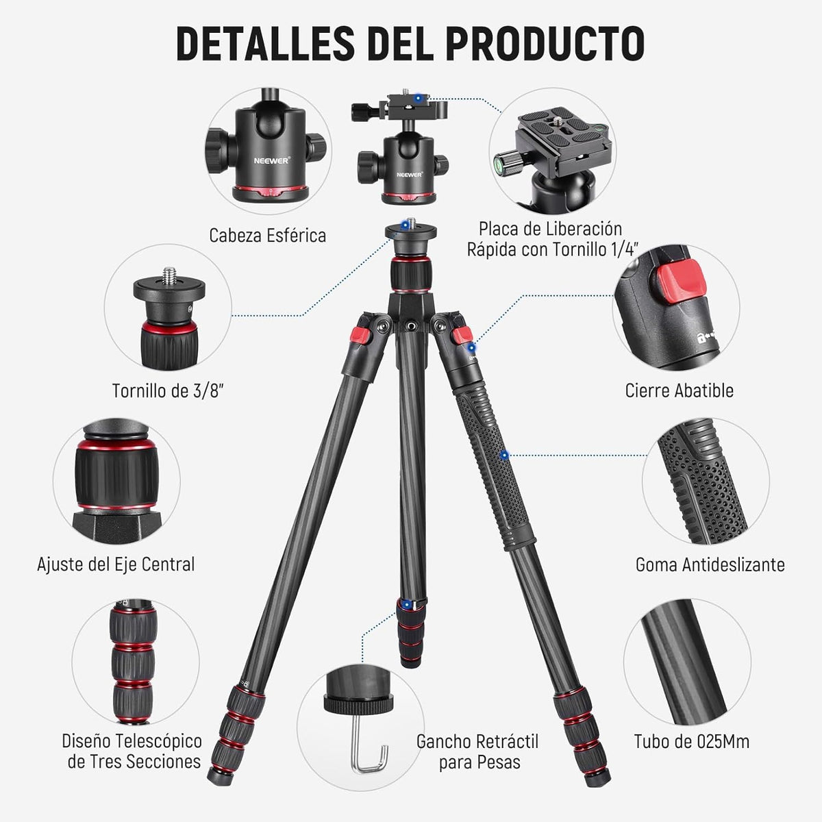 NEEWER 66"/168cm Fibra de Carbono Tripode para Camara con 360° Rotula, N55C | Panorama, 1/4" Arca Placa QR, Portatil Bolsa, Compacto Viaje Tripode Monopod para DSLR Video Camcorder