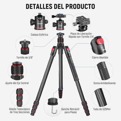 NEEWER 66"/168cm Fibra de Carbono Tripode para Camara con 360° Rotula, N55C | Panorama, 1/4" Arca Placa QR, Portatil Bolsa, Compacto Viaje Tripode Monopod para DSLR Video Camcorder