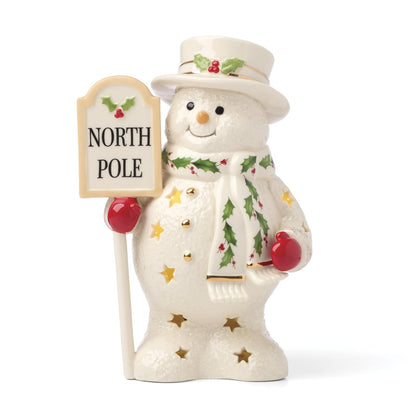 Lenox 897869 Happy Holly Days - Figura de muñeco de Nieve iluminada con Poste Norte