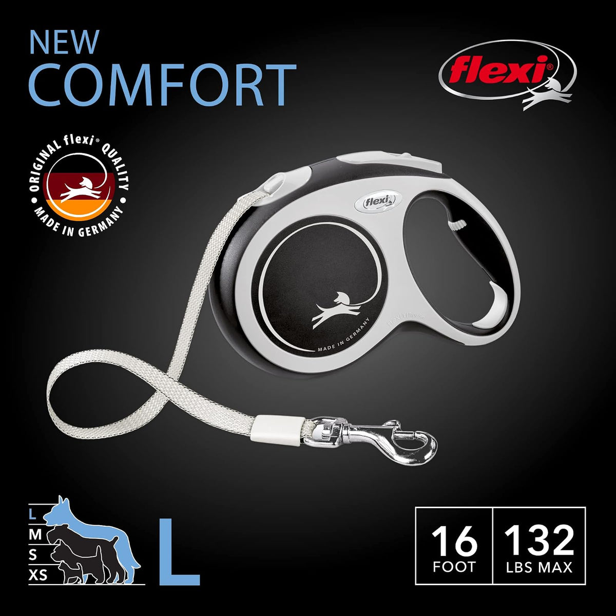 Flexi 16' New Comfort Tape Leash, Large, Grey