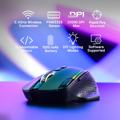 Redragon M810 Pro - Ratón inalámbrico para Juegos, 10000 dpi con Llave de Fuego rápido, 8 Botones Macro, Capacidad de Potencia Duradera de 45 Horas y retroiluminación RGB para PC/Mac/Laptop