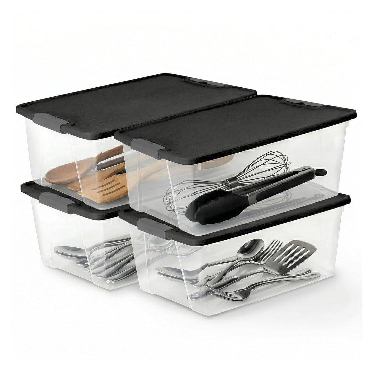 HOMZ - Paquete de 4 contenedores organizadores de almacenamiento de plástico transparente, 15 cuartos de galón, tapa gris, cajas apilables para recámara, baño, cochera y organización de oficina - Cierre pequeño: 15 cuartos - gris - Small Latching - 15 Qua