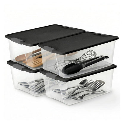 HOMZ - Paquete de 4 contenedores organizadores de almacenamiento de plástico transparente, 15 cuartos de galón, tapa gris, cajas apilables para recámara, baño, cochera y organización de oficina - Cierre pequeño: 15 cuartos - gris - Small Latching - 15 Qua