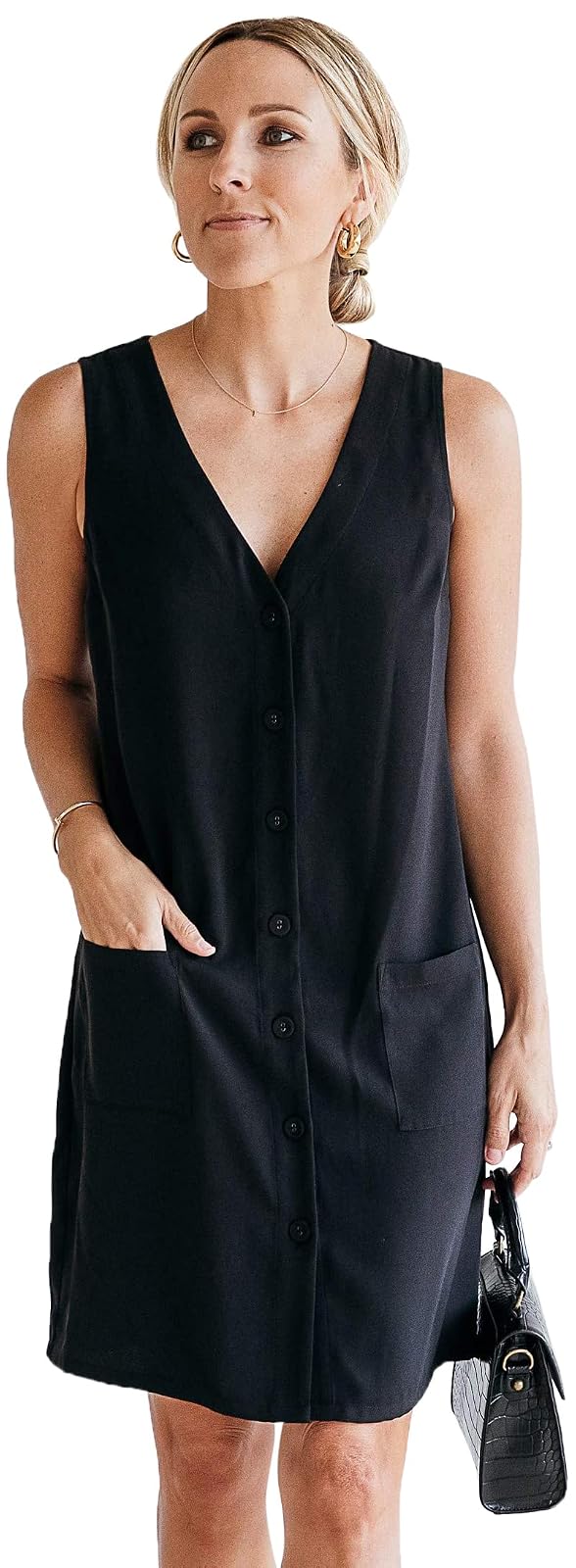 The Drop Vestido Sin Mangas Para Mujer, Con Cuello en V, Negro, por @jaceyduprie