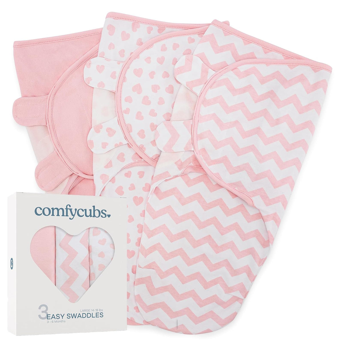 Comfy Cubs Mantas Envolventes para Recién Nacido, Paquete de 3 - Pink - Large (3-6 Months)