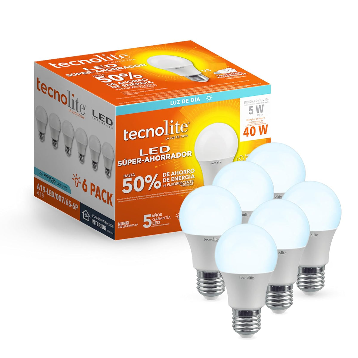Tecnolite Paquete de 6 Focos LED 5 W A19 - Luz de Día, Base E27, No atenuables